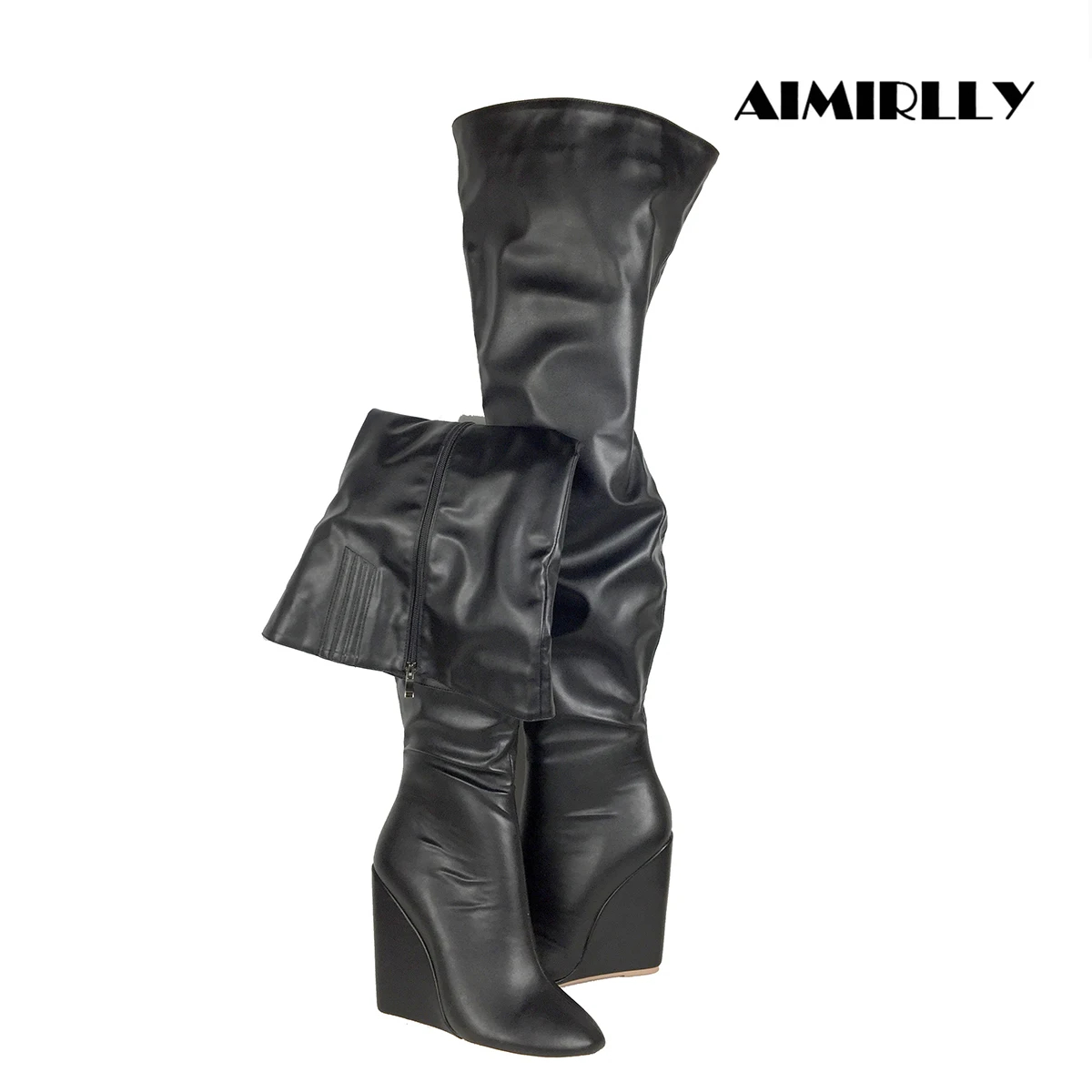 Sewing Zipper - Women’s Black Over-the-Knee Boots, Wedge Heel