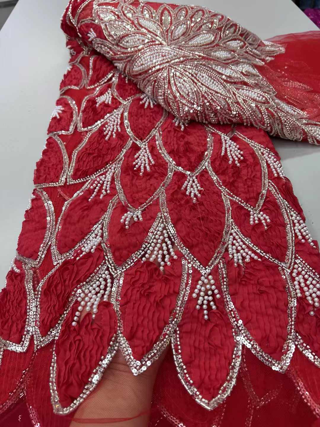 Beaded 3D Lace Fabric Red Lace - Sewing Net 评论和价格