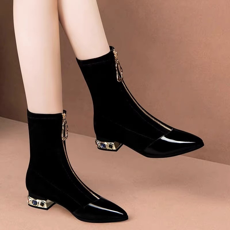 Women Shiny Sequin Ankle Boots - Sewing Front Zipper 评论和价格