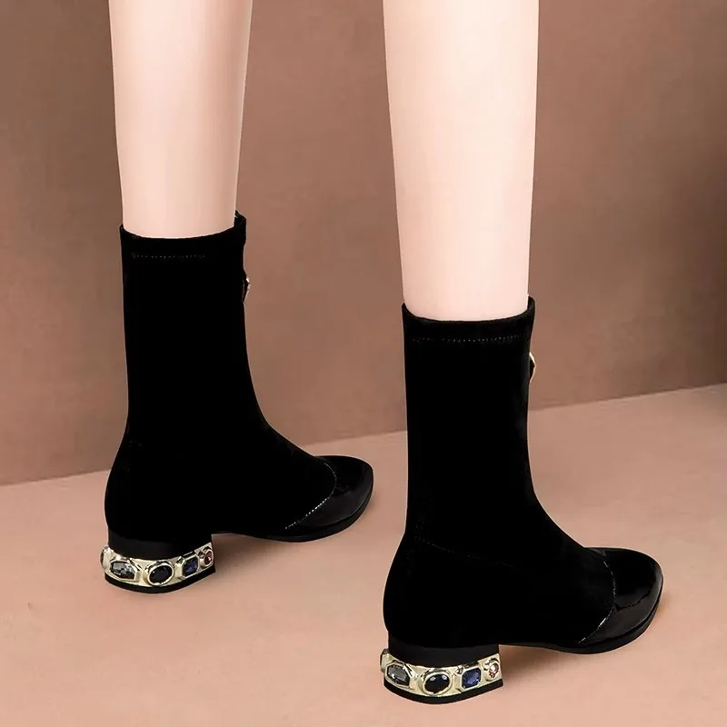 Women Shiny Sequin Ankle Boots - Sewing Front Zipper 评论和价格
