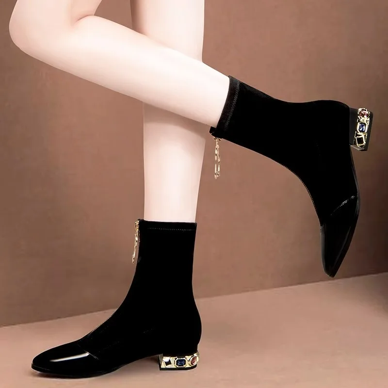 Women Shiny Sequin Ankle Boots - Sewing Front Zipper 评论和价格